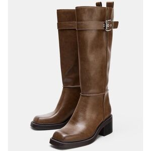 Zara brown faux leather square toe high topstitched boots
